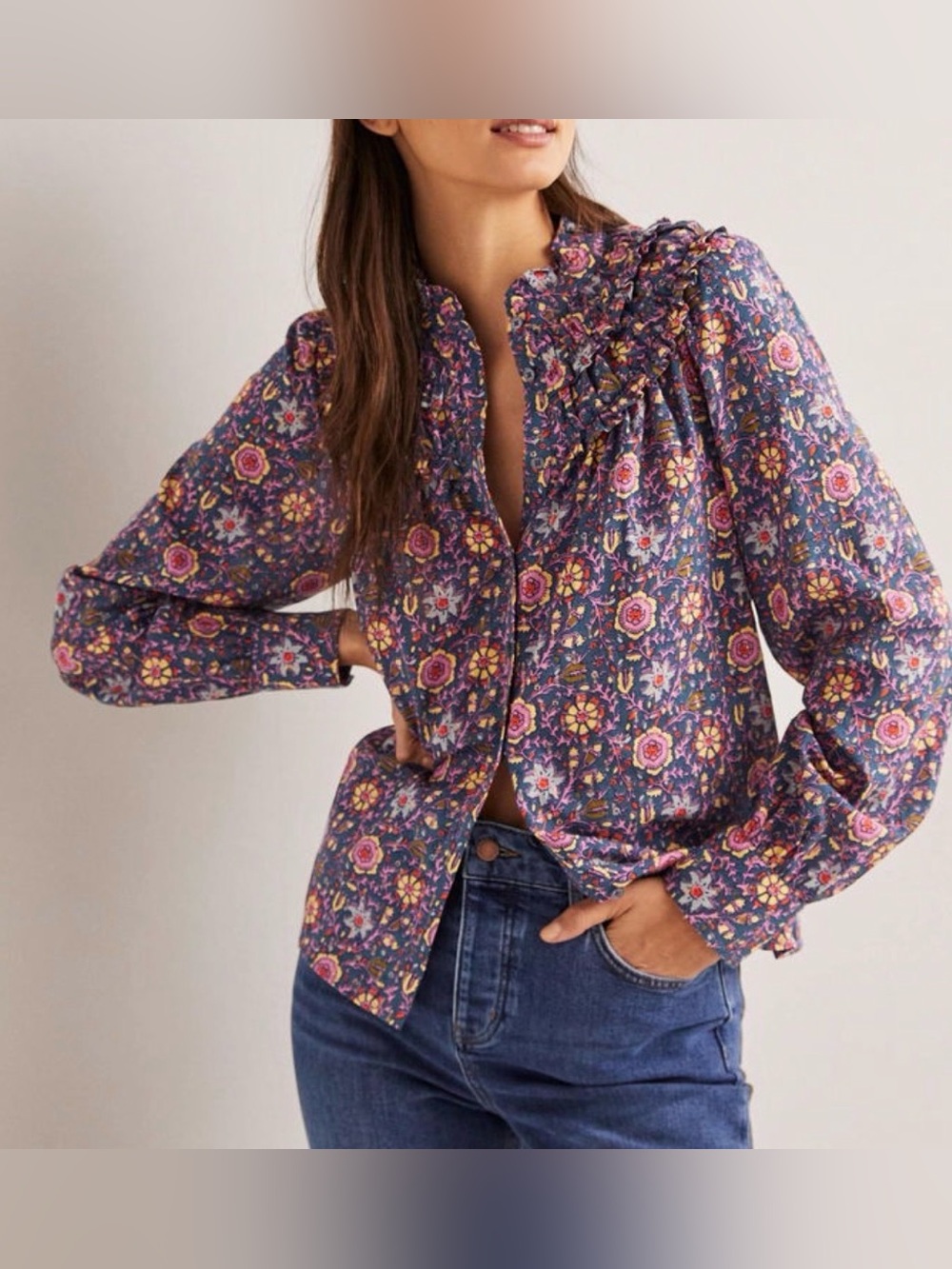 Boden Frilled High Neck Ruffled Smocked Floral Shirt Blouse Top US 14 NEW 3130